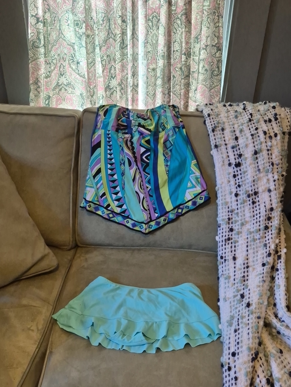 SO Multicolor Geometric & Aqua Ruffle Skater Skirts by SO